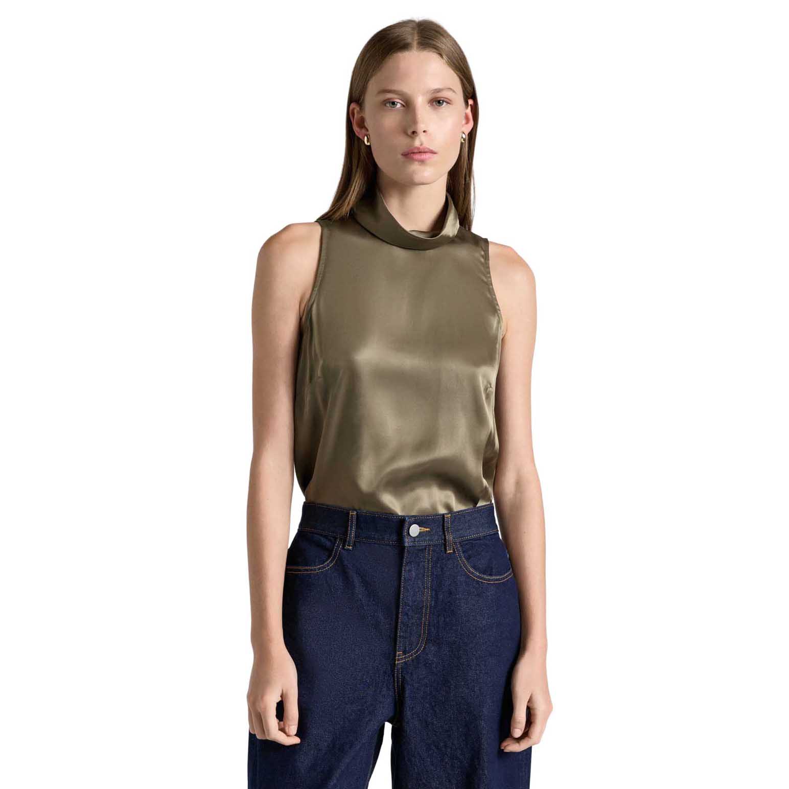Cue Light Khaki Satin Funnel Neck Top